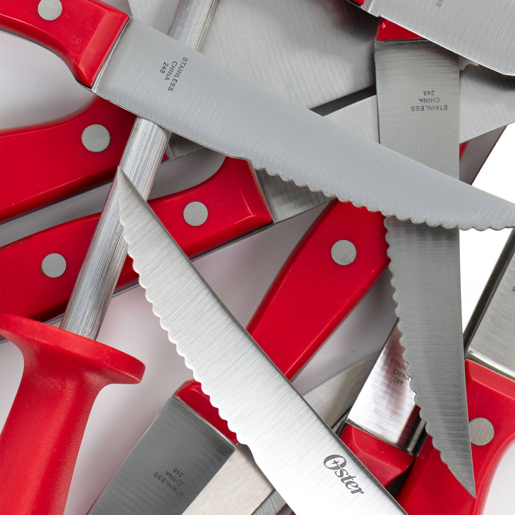 Oster Steffen 14-Piece Red Stainless Steel Cutlery Set with Hardwood Storage Block